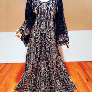 Vtg Hand Embroidered Gold Exquisite Yemenite Kaftan Dress